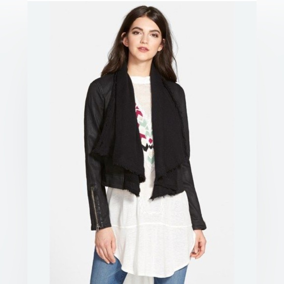 Free People Shawl Drape Front Denim Moto Jacket Black 12 Boho Grunge StreetStyle - Picture 1 of 16